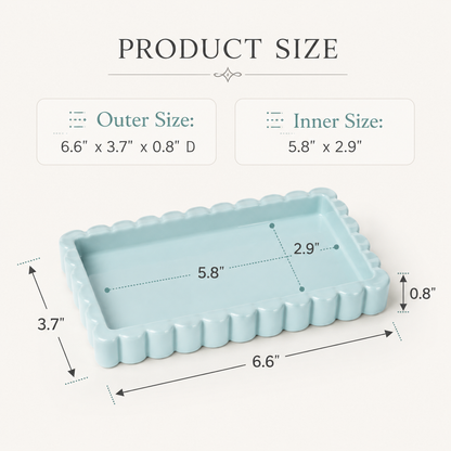 A light blue scalloped rectangular tray shown on a cream background with dimension labels and text reading product size, including outer size 6.6 x 3.