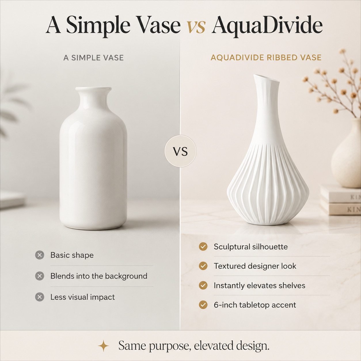 A comparison graphic titled 'A Simple Vase vs AquaDivide' showing two white ceramic vases side by side on a light beige surface. The left vase is plain and labeled 'A Simple Vase,' while the right vase has vertical ribbed detailing and is labeled 'AQUADIVIDE RIBBED VASE.