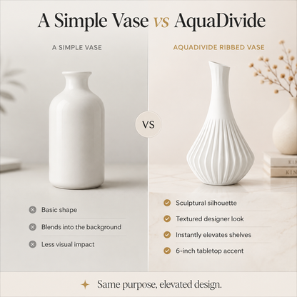 A comparison graphic titled 'A Simple Vase vs AquaDivide' showing two white ceramic vases side by side on a light beige surface. The left vase is plain and labeled 'A Simple Vase,' while the right vase has vertical ribbed detailing and is labeled 'AQUADIVIDE RIBBED VASE.