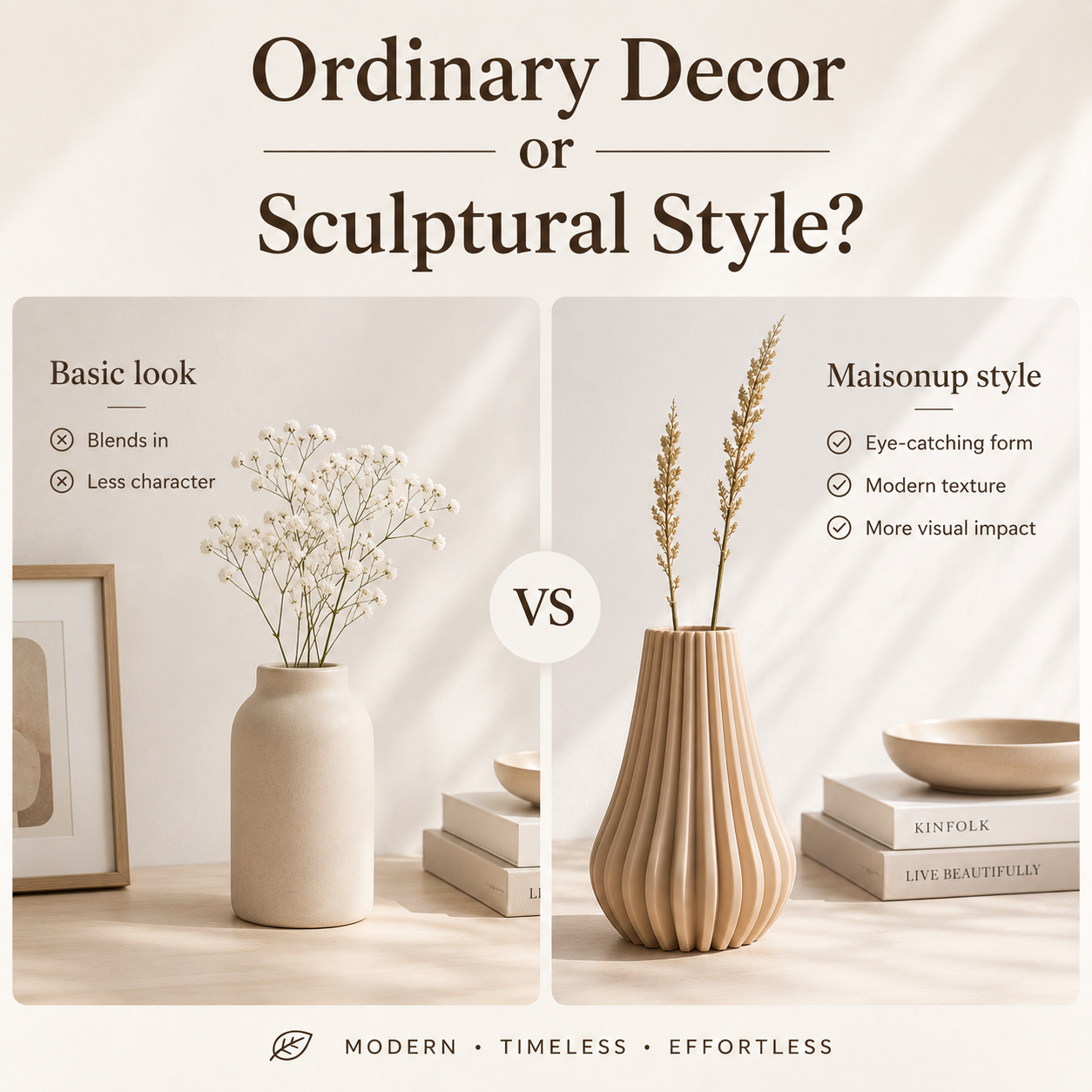 A styled interior comparison graphic titled 'Ordinary Decor or Sculptural Style?' showing two beige ceramic vases on a tabletop. The left vase is basic and blends in, while the right vase has a sculptural ribbed texture and stands out.