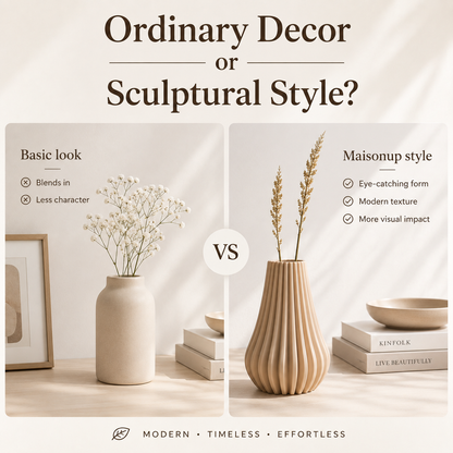 A styled interior comparison graphic titled 'Ordinary Decor or Sculptural Style?' showing two beige ceramic vases on a tabletop. The left vase is basic and blends in, while the right vase has a sculptural ribbed texture and stands out.