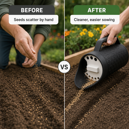 Split comparison showing a person sowing seeds by hand on the left and using a black seed hopper spreader on the right, with text labels 'BEFORE', 'AFTER', and 'VS' over a garden soil background.