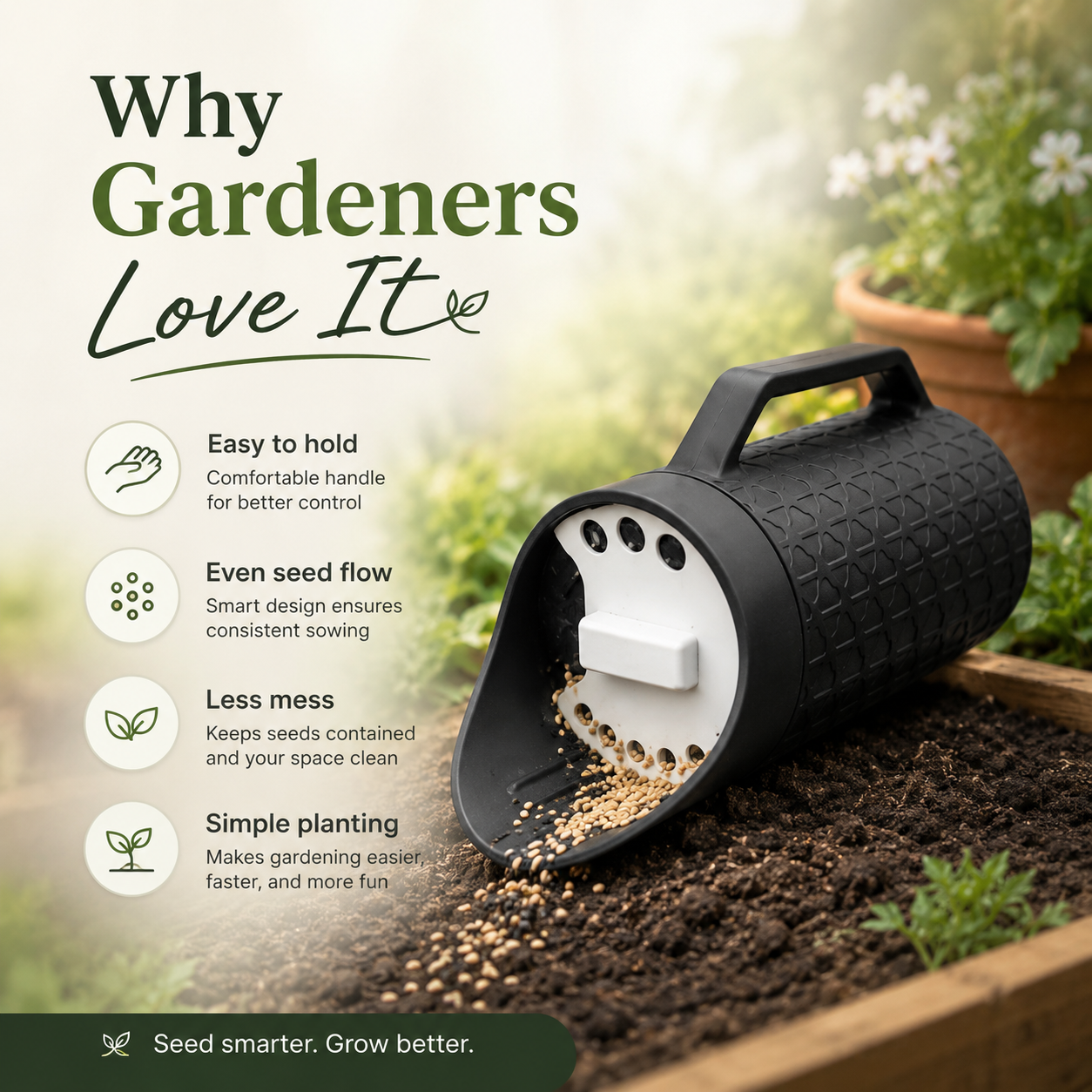 A black and white seed sowing container shown on a garden bed with soil, plants, and promotional text reading 'Why Gardeners Love It.' The product is the sowing device itself, photographed in a styled outdoor garden setting rather than as a plain studio shot, so subject_type is Lifestyle.