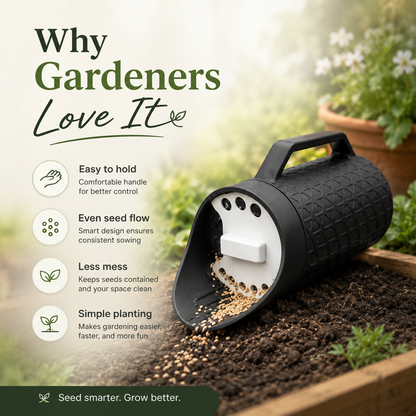 A black and white seed sowing container shown on a garden bed with soil, plants, and promotional text reading 'Why Gardeners Love It.' The product is the sowing device itself, photographed in a styled outdoor garden setting rather than as a plain studio shot, so subject_type is Lifestyle.