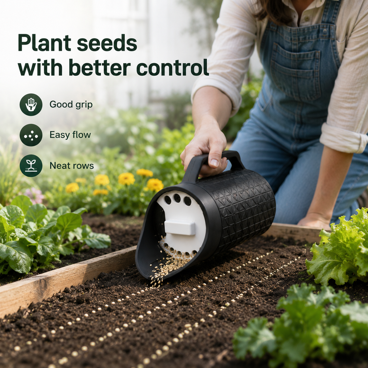 A person in blue denim overalls uses a black and white seed spreader to plant seeds in a garden bed. The image includes marketing text on the left: 'Plant seeds with better control' and feature icons for 'Good grip', 'Easy flow', and 'Neat rows'.