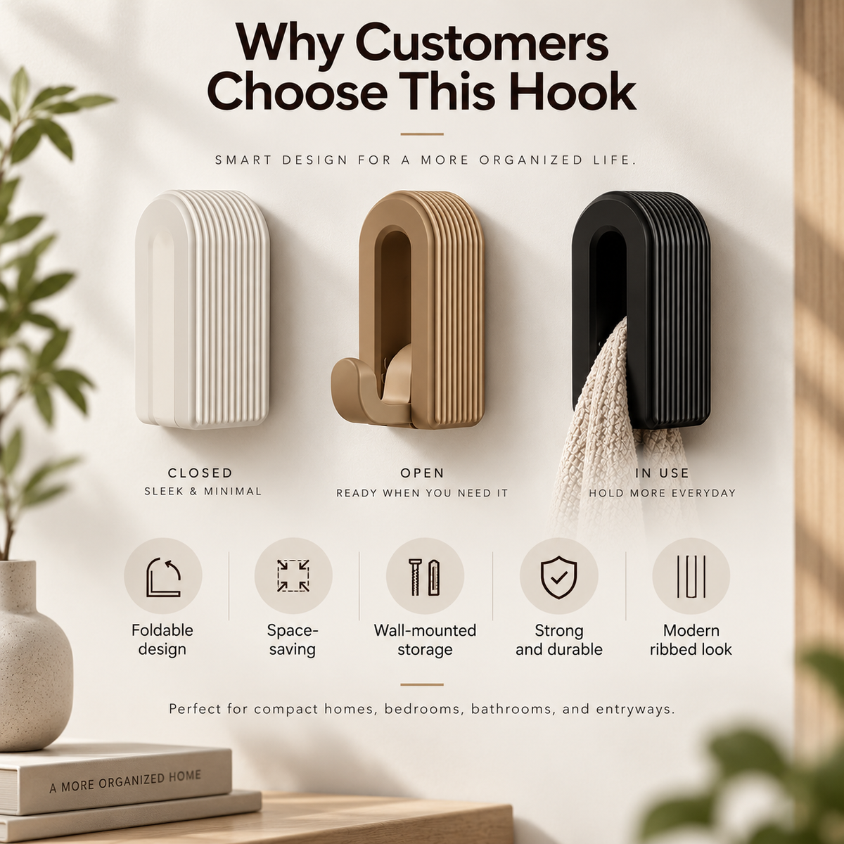 Promotional graphic for a wall hook product showing three views: closed, open, and in use. The hook has a modern ribbed design in cream, tan, and black, with a beige towel hanging from the black one.