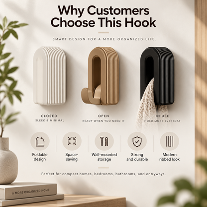 Promotional graphic for a wall hook product showing three views: closed, open, and in use. The hook has a modern ribbed design in cream, tan, and black, with a beige towel hanging from the black one.