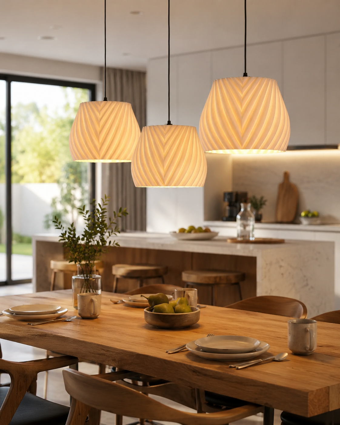 Dining area with wooden table and chairs, featuring pendant lights and a kitchen in the background.