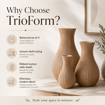 Three ribbed beige ceramic vases in different heights displayed on a shelf in a styled interior setting, with marketing text on the left reading 'Why Choose TrioForm?'.