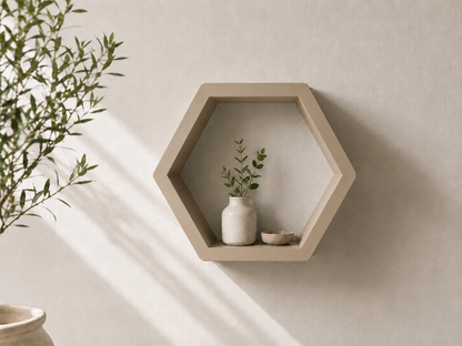 Beige brown hexagon ShapeScape geometric floating wall shelf styled with ceramic vase and greenery