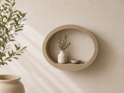 Beige brown round ShapeScape geometric floating wall shelf styled with greenery