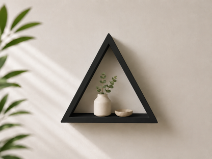 Black triangle ShapeScape geometric floating wall shelf with ceramic vase and greenery