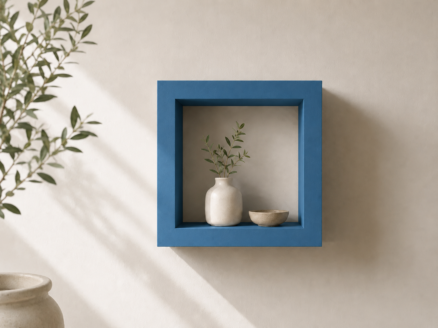 Blue square ShapeScape geometric floating wall shelf styled with ceramic decor