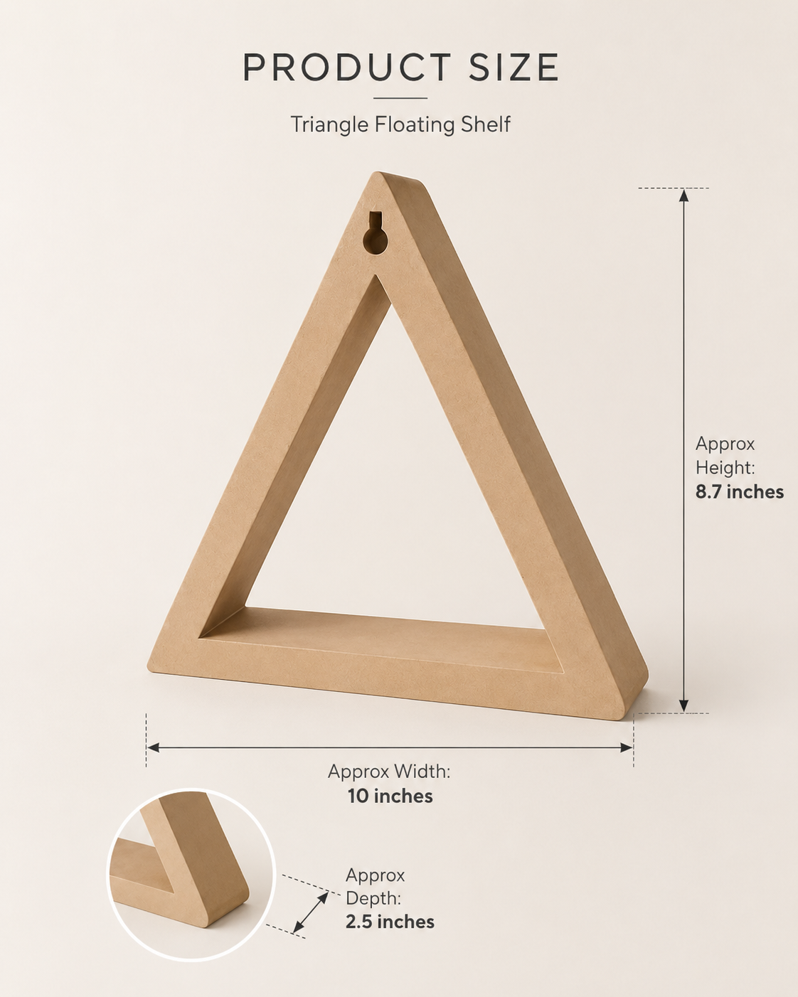 ShapeScape triangle floating wall shelf size guide with approximate width height and depth