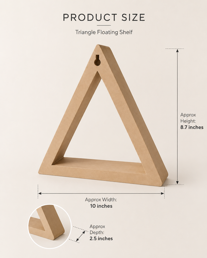 ShapeScape triangle floating wall shelf size guide with approximate width height and depth