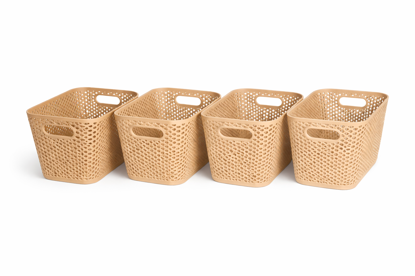Four woven baskets of different sizes on a white background