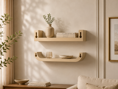 Wooden shelves with decorative items against a beige wall
