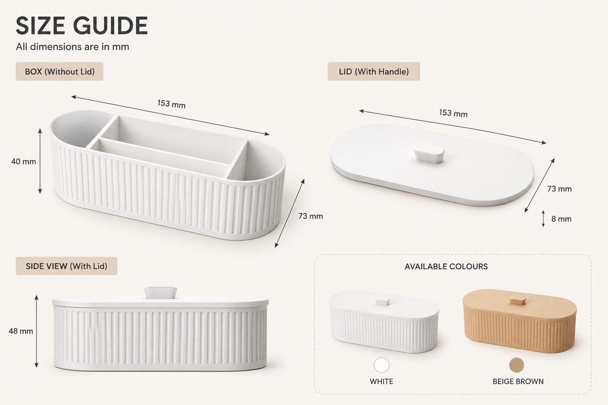 Size guide infographic for a ribbed oval storage box with lid, showing dimensions for the box without lid, lid with handle, side view with lid, and available colors in white and beige.
