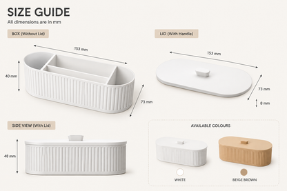Size guide infographic for a ribbed oval storage box with lid, showing dimensions for the box without lid, lid with handle, side view with lid, and available colors in white and beige.
