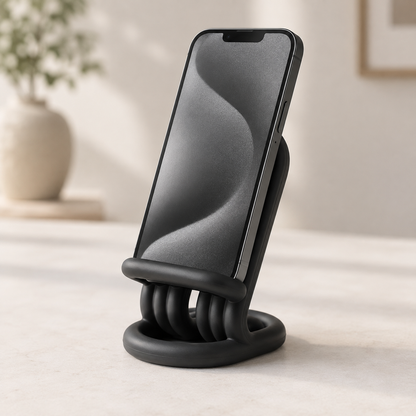 A black silicone phone stand with a textured, ribbed base and a curved cradle holding a smartphone, set on a light beige tabletop with a blurred background.