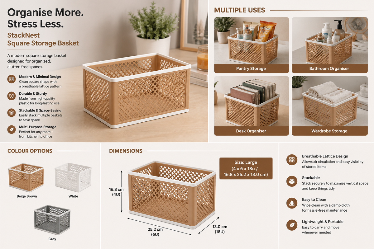 A product infographic for the StackNest Square Storage Basket, showing the basket in multiple use cases (pantry, bathroom, desk, wardrobe), dimensions, color options, and feature highlights on a white background.