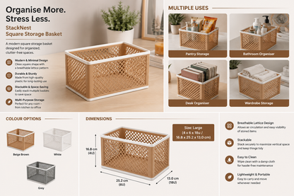A product infographic for the StackNest Square Storage Basket, showing the basket in multiple use cases (pantry, bathroom, desk, wardrobe), dimensions, color options, and feature highlights on a white background.