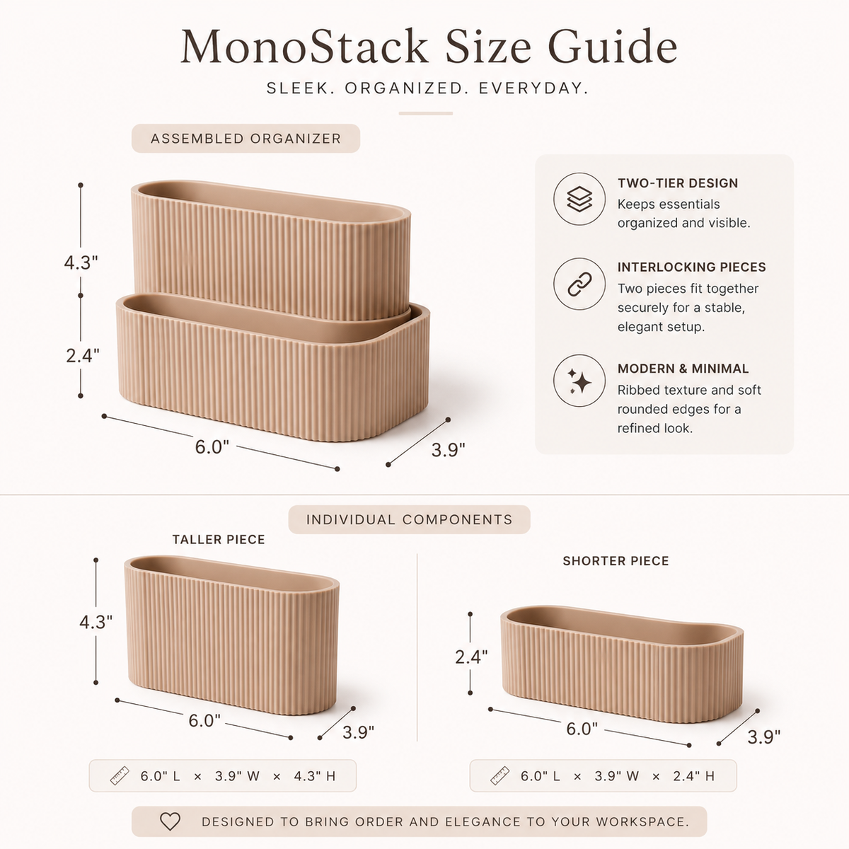 A size guide infographic for the MonoStack organizer, showing assembled and individual component dimensions with measurements in inches and feet on a light gray background.