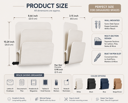 An infographic detailing the dimensions and features of a white desk organizer. The image shows a 10.