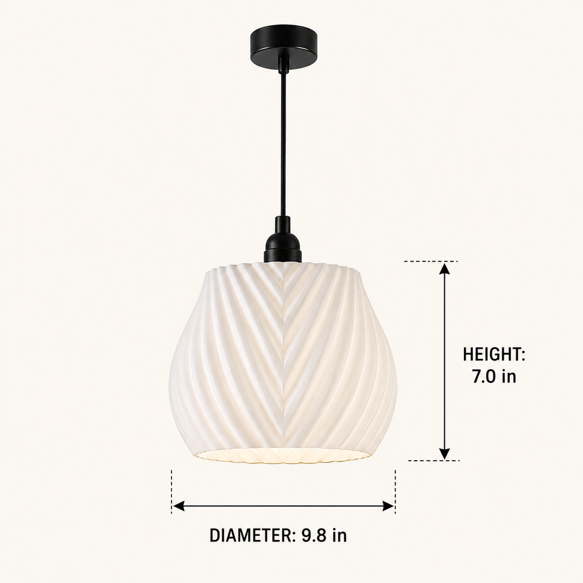 A white ribbed pendant light shade with a black canopy and cord, shown on a light beige background with dimension labels indicating a height of 7.0 in and diameter of 9.