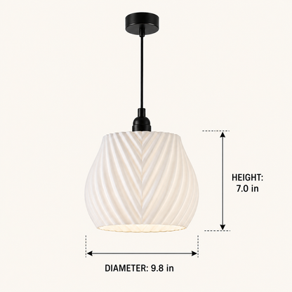A white ribbed pendant light shade with a black canopy and cord, shown on a light beige background with dimension labels indicating a height of 7.0 in and diameter of 9.
