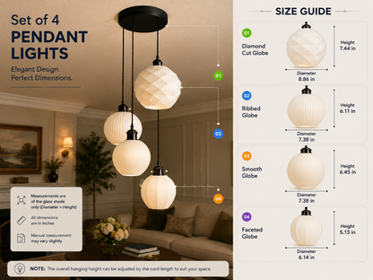 A set of four pendant light shades shown hanging in a dimly lit room, alongside a size guide listing dimensions for diamond cut globe, ribbed globe, smooth globe, and faceted globe options.