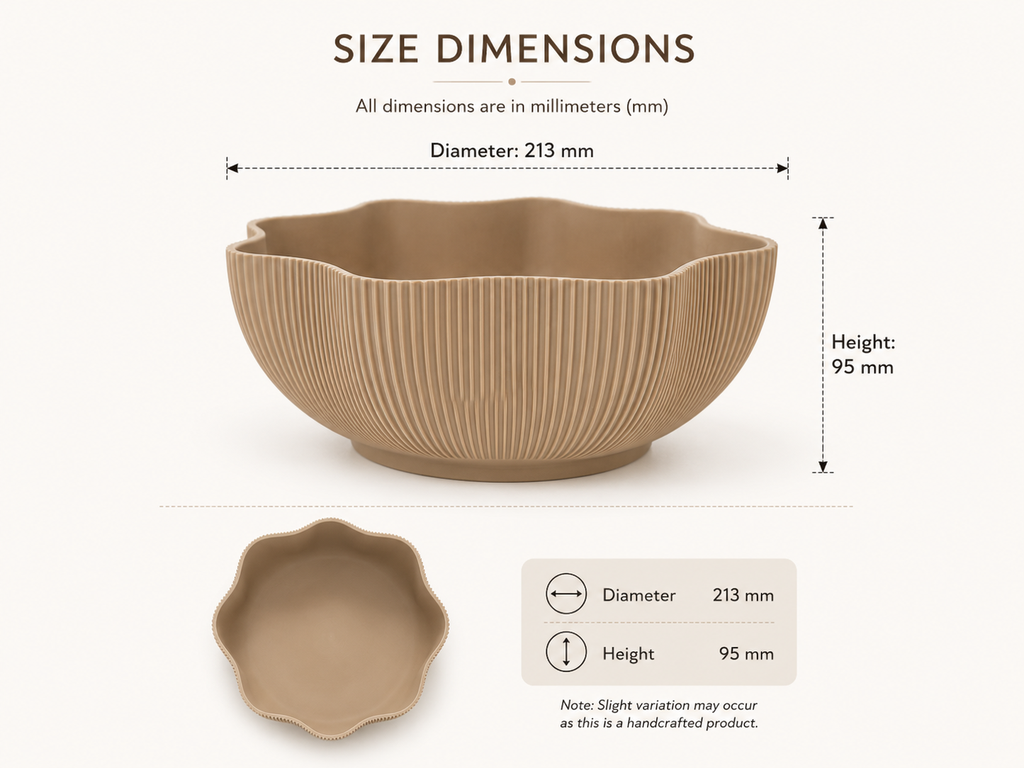 Size dimensions diagram for a beige ribbed ceramic bowl, showing a top-down view with labeled measurements of diameter 213 mm and height 95 mm on a light cream background.