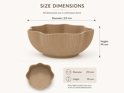 Size dimensions diagram for a beige ribbed ceramic bowl, showing a top-down view with labeled measurements of diameter 213 mm and height 95 mm on a light cream background.