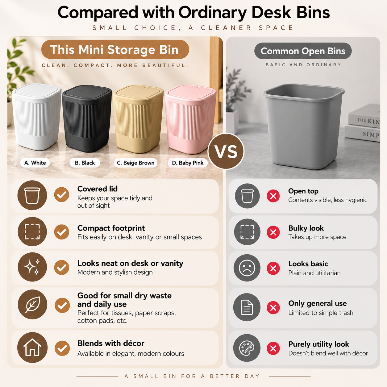 An infographic comparison graphic titled 'Compared with Ordinary Desk Bins' showing a mini storage bin with four color options (White, Black, Beige, and Baby Pink) on the left, and a common open trash bin on the right. The left side highlights features like a covered lid, compact footprint, and modern styling, while the right side lists drawbacks like an open top and basic look.