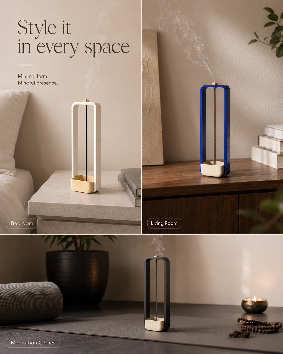 A minimalist rectangular incense burner diffuser shown in three interior settings: a bedroom on a bedside table, a living room on a wooden cabinet, and a meditation corner on a mat. The product has a slim vertical design with a gold-toned base, a white body, and a blue top frame, with visible smoke rising from the incense.