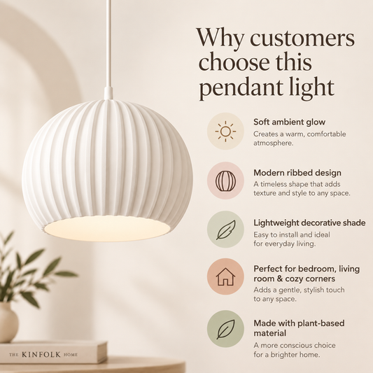 A white ribbed pendant light hangs on a beige wall in a softly styled interior scene, with marketing text on the right explaining customer preferences for pendant lights. The brand name The Kinfolk Home appears at the bottom left.