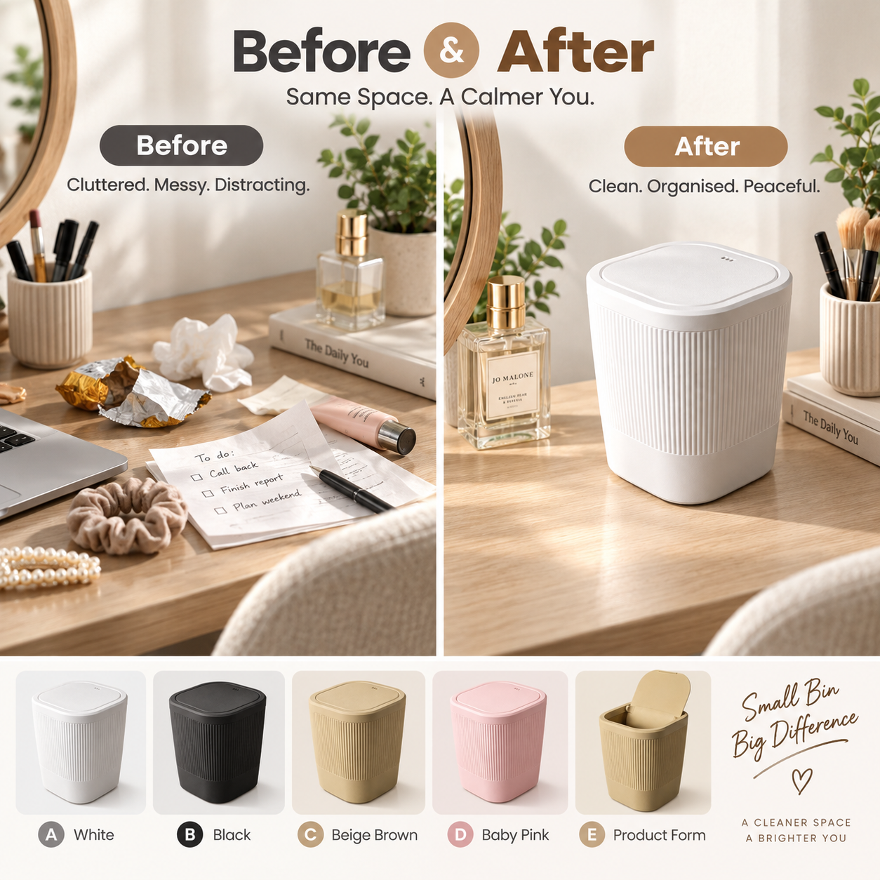 A before-and-after comparison graphic showing a small ribbed cylindrical trash bin on a wooden desk. The left side, labeled 'Before,' shows a messy desk with books, pens, and accessories.