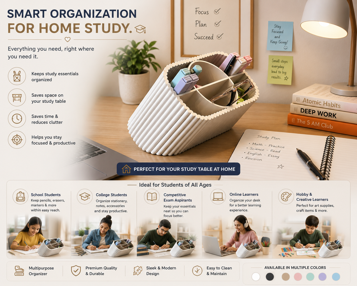 A ribbed white desk organizer holding pens, pencils, and sticky notes, shown in a styled home office scene with a lamp, notebook, and plants. The image includes marketing text such as 'SMART ORGANIZATION FOR HOME STUDY' and a bottom banner with usage scenarios and color options.