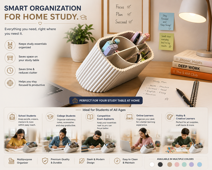 A ribbed white desk organizer holding pens, pencils, and sticky notes, shown in a styled home office scene with a lamp, notebook, and plants. The image includes marketing text such as 'SMART ORGANIZATION FOR HOME STUDY' and a bottom banner with usage scenarios and color options.