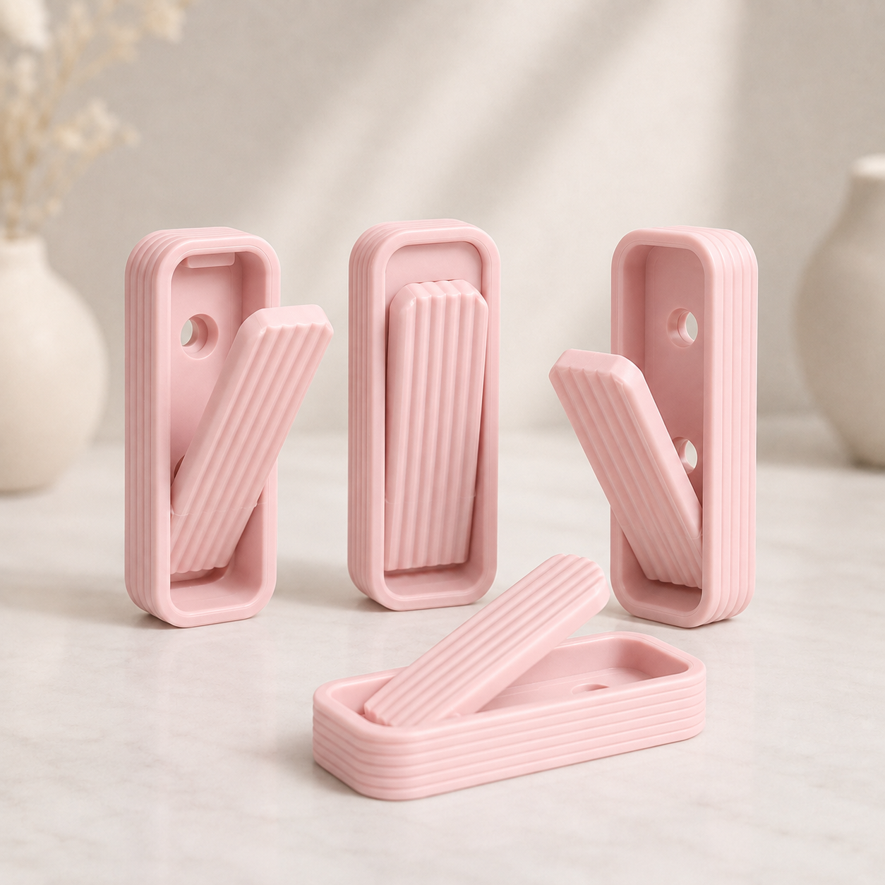 Four pink silicone door stoppers arranged on a light marble surface with soft-focus decorative vases in the background.