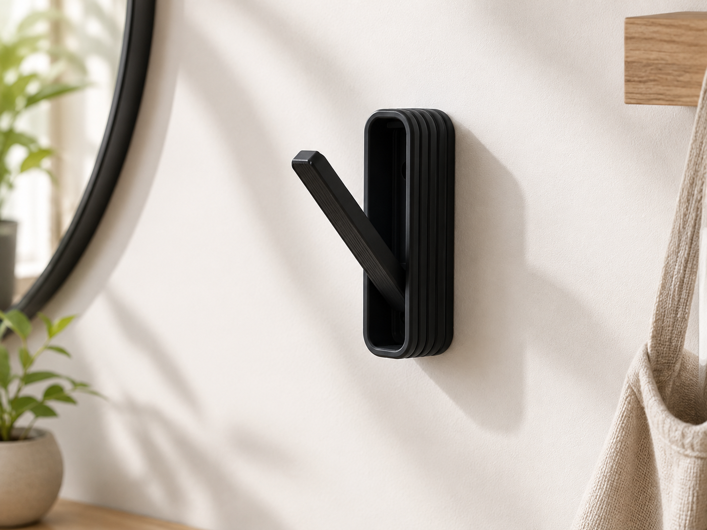 A matte black wall-mounted hook with a rectangular body and angled pull tab, shown mounted on a white wall in a styled interior with a plant, mirror edge, and hanging bag nearby.
