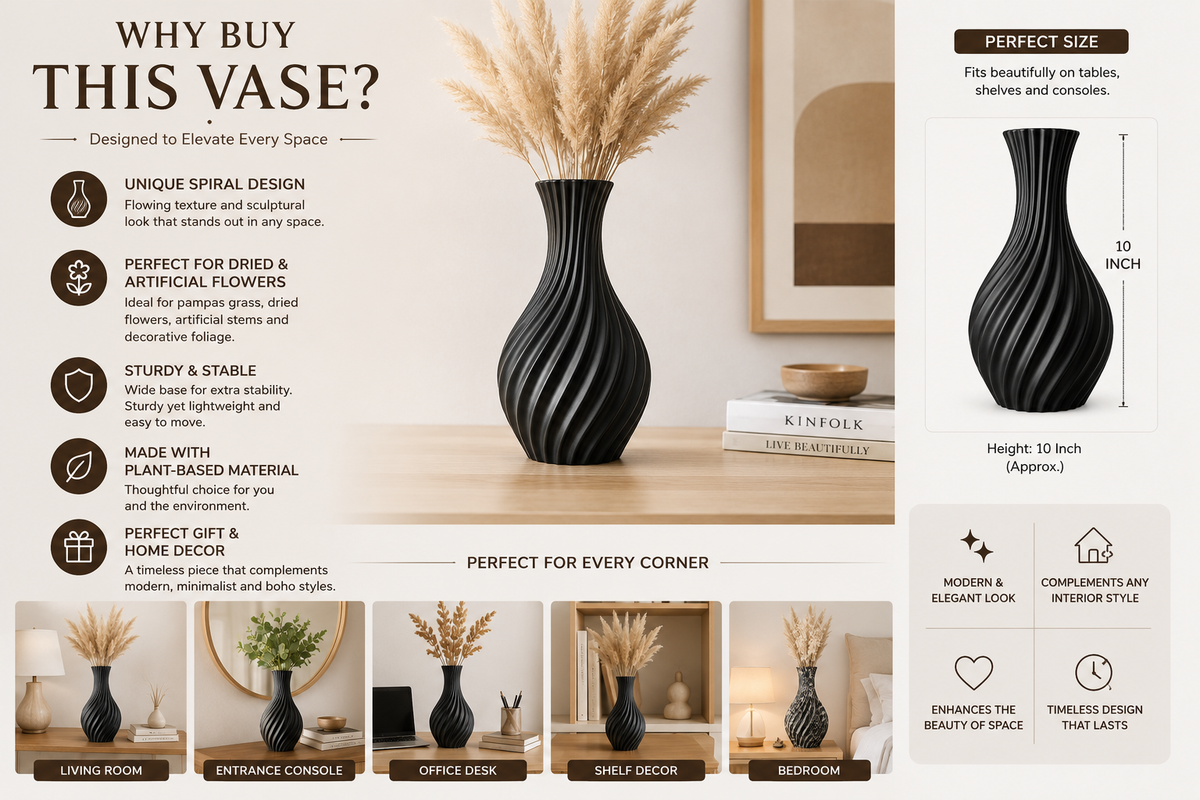 A promotional infographic for a black ribbed spiral-design ceramic vase with dried grass stems, showing product benefits, dimensions, and lifestyle placement examples in living rooms, entryways, offices, and bedrooms.