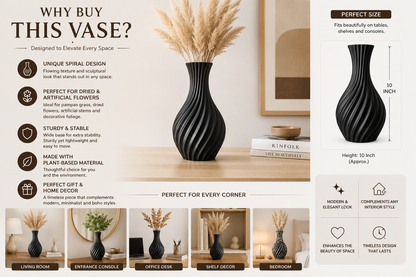 A promotional infographic for a black ribbed spiral-design ceramic vase with dried grass stems, showing product benefits, dimensions, and lifestyle placement examples in living rooms, entryways, offices, and bedrooms.