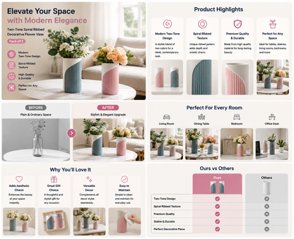 A promotional infographic for a two-tone spiral ribbed decorative flower vase. The layout features a large product photo of the vase in pink and gray on a white table, alongside text sections detailing product highlights, room applications, before-and-after styling, and comparison points against other products.