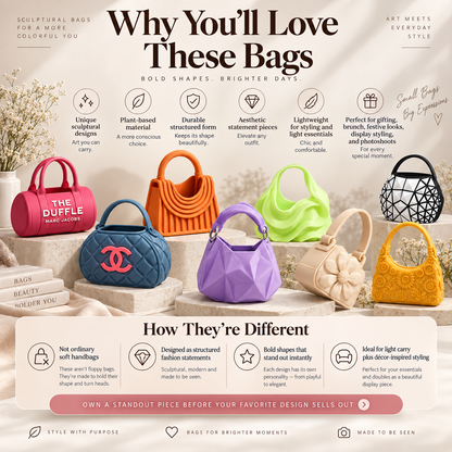 An infographic-style promotional graphic for custom sculptural bags, featuring multiple colorful handbag mockups (pink, orange, purple, green, black) with text explaining the benefits of custom bags and design options. The layout is clean and informative with decorative props in the background.