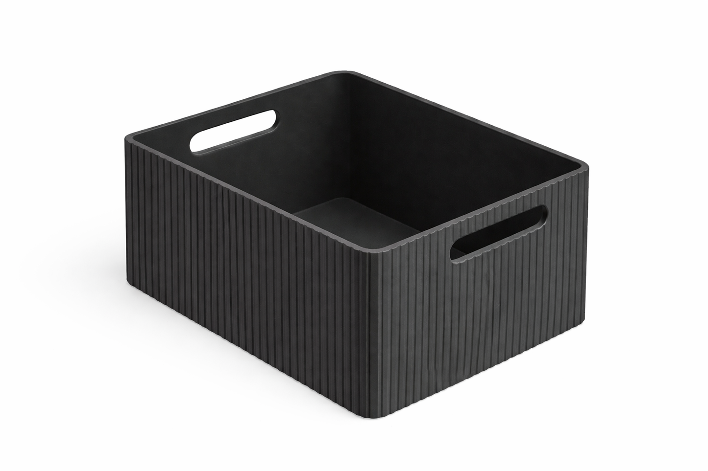 Black storage bin with handles on a white background