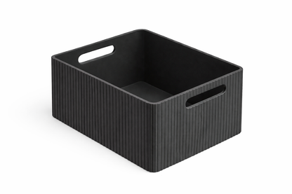 Black storage bin with handles on a white background