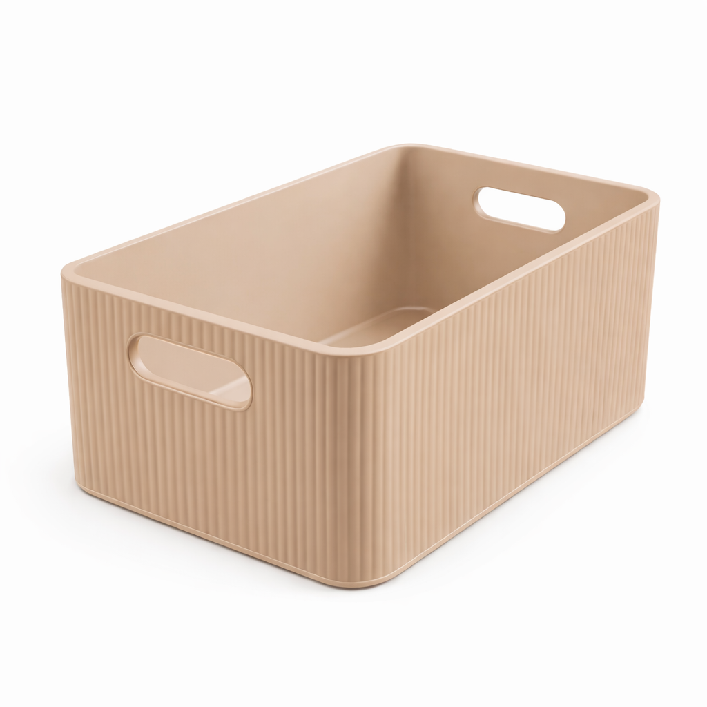 Beige storage basket with handles on a white background