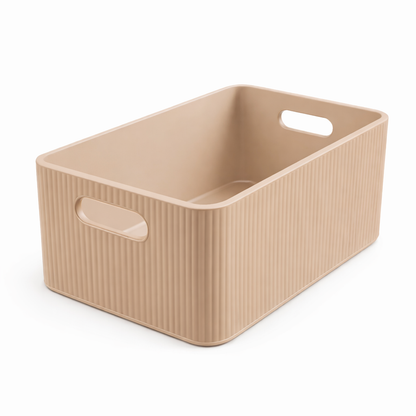 Beige storage basket with handles on a white background