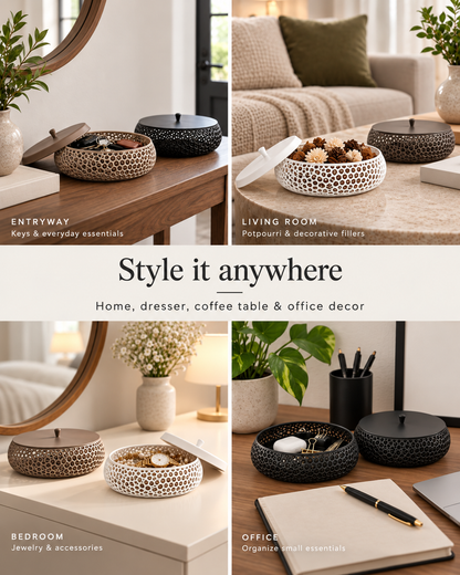 A four-panel lifestyle collage showcasing woven round decorative boxes and pots in entryways, living rooms, bedrooms, and offices. The products are styled in warm, modern interior settings on tables and shelves, with text overlays reading 'ENTRYWAY', 'LIVING ROOM', 'BEDROOM', and 'OFFICE' and the central headline 'Style it anywhere'.